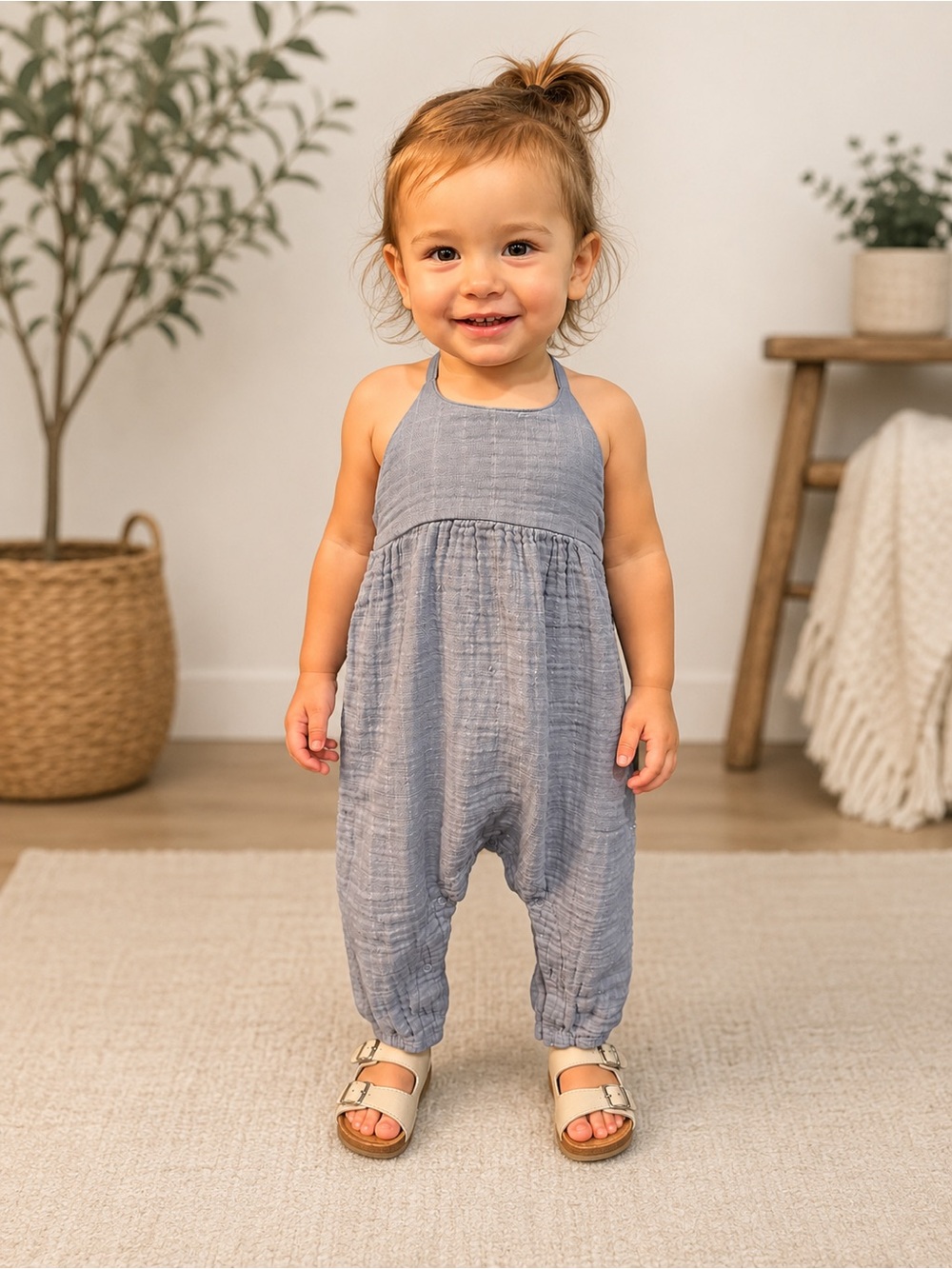 Angel Dear 18-24M Blue Muslin Halter Romper | Double Gauze | Boho Baby Toddler